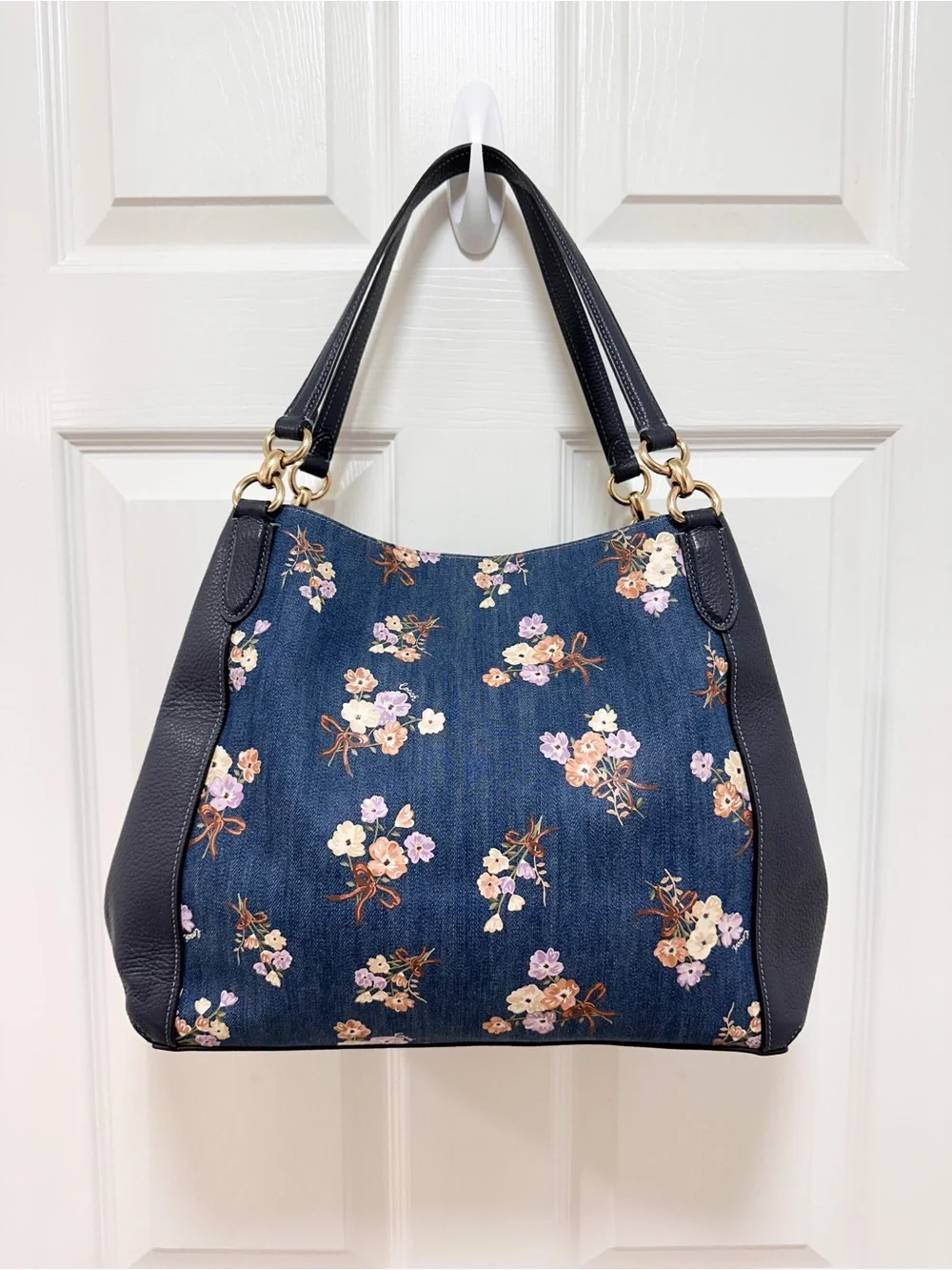 Coach Hallie Shoulder Bag Denim Floral Bouquet Print Navy Leather